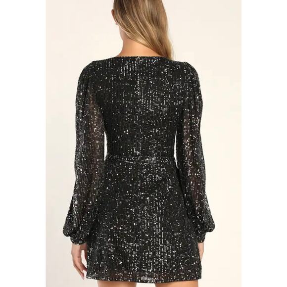 Lulus Festive Mood Black Sequin Long Sleeve Mini Dress M - Picture 2 of 7